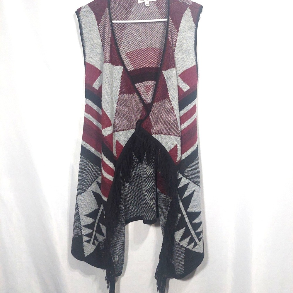 Say What? Womens Sleeveless Cardigan Size Large Fringed Aztec Boho Hippie "Flaw"